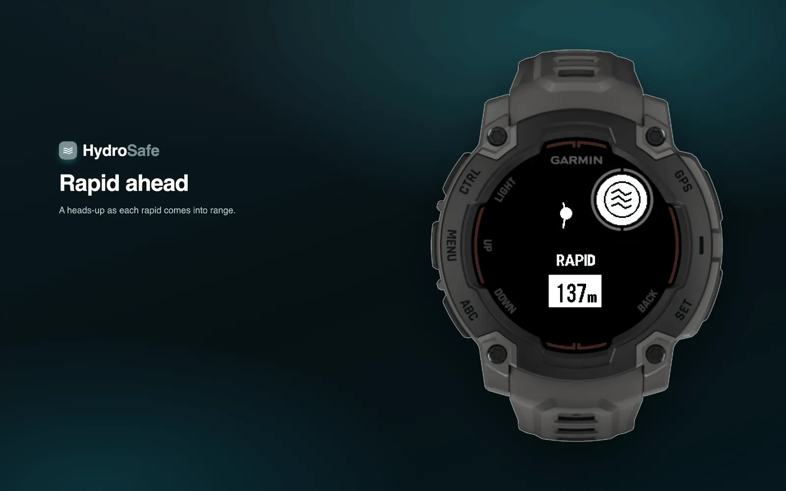 A HydroSafe rapid-approach alert on the Garmin Instinct E, warning that a rapid is coming into range.