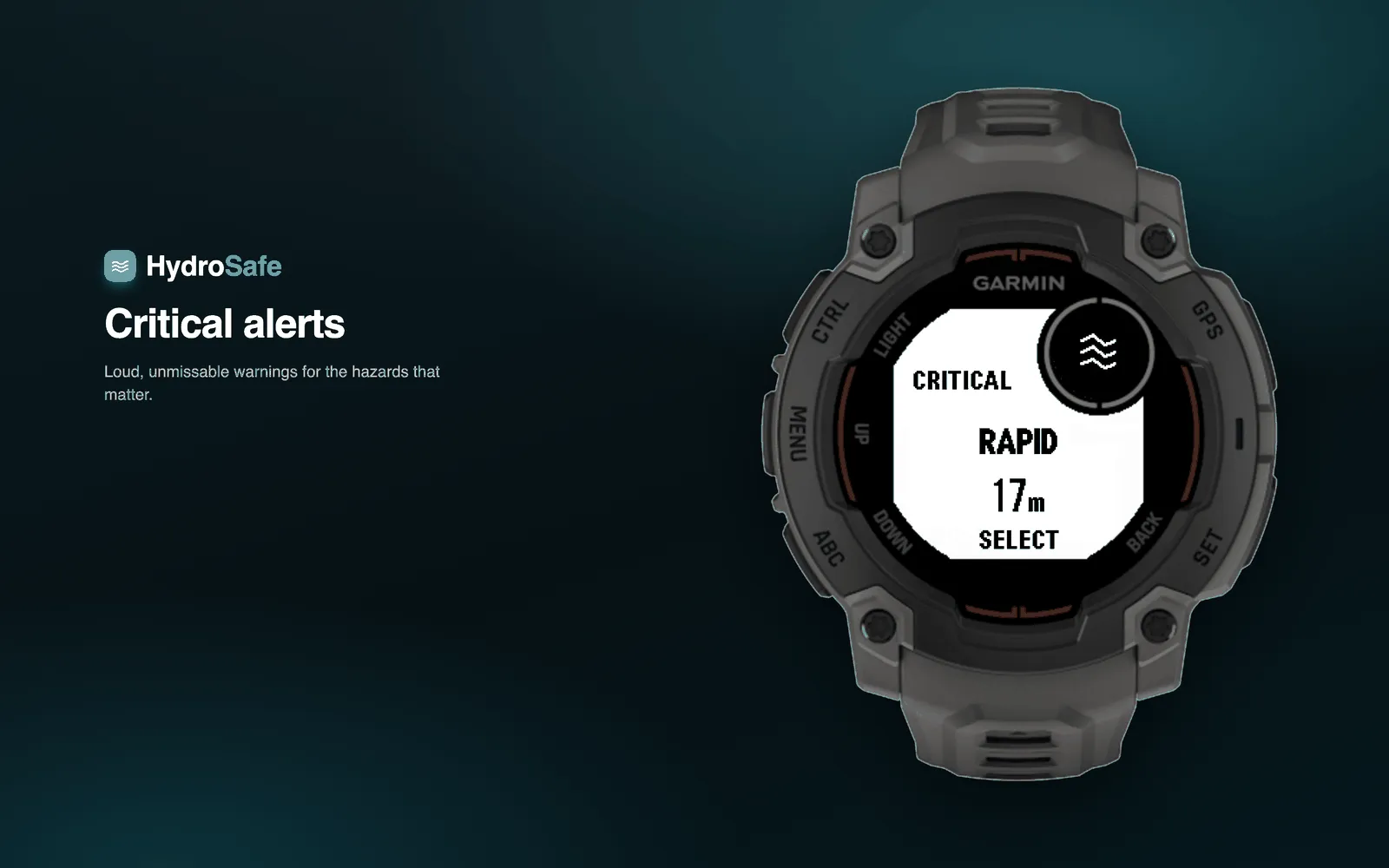 A HydroSafe critical hazard alert filling the Garmin Instinct E screen — a loud, unmissable warning for a nearby rapid.