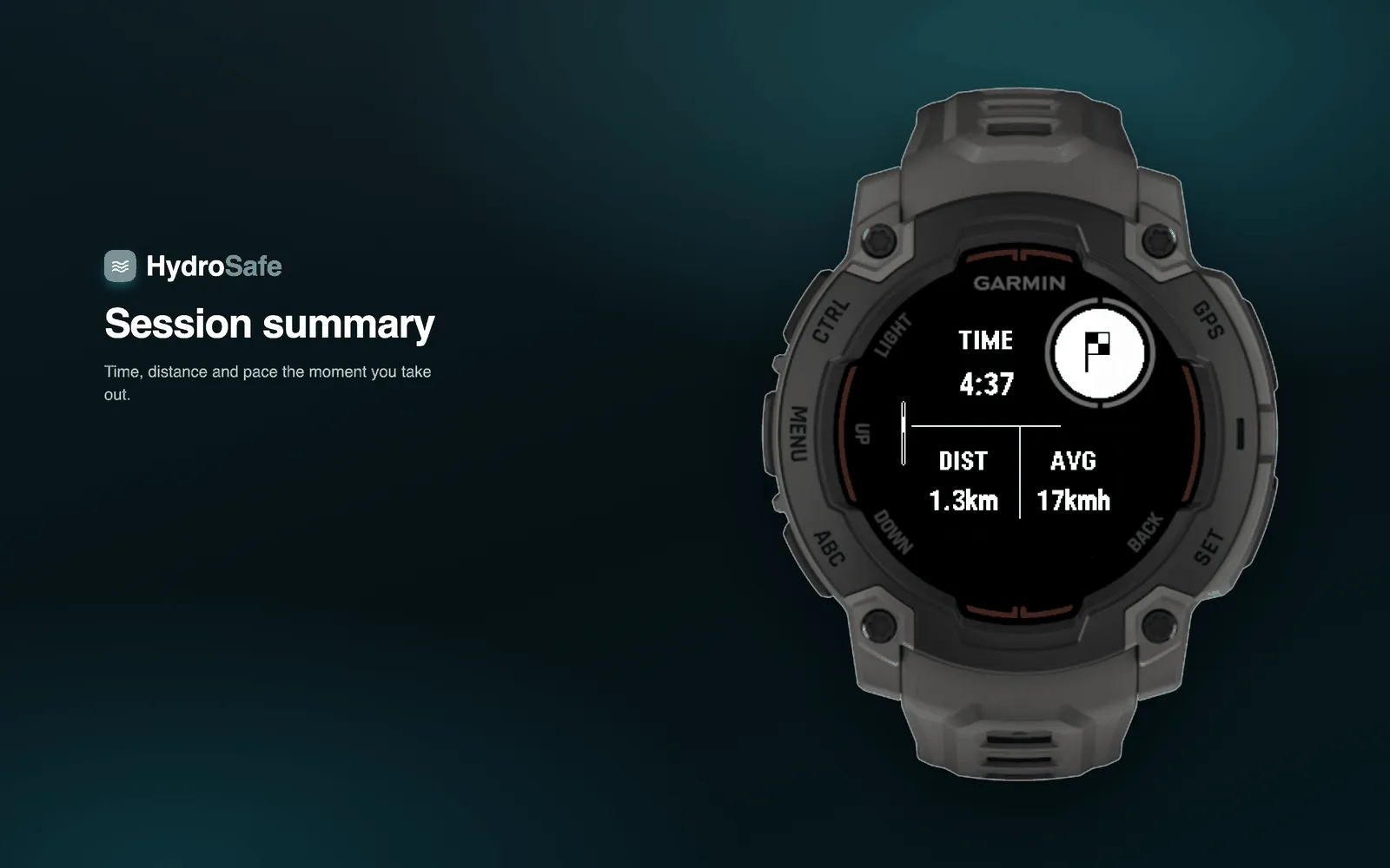 HydroSafe's session summary on the Garmin Instinct E, showing time, distance, and pace after taking out.