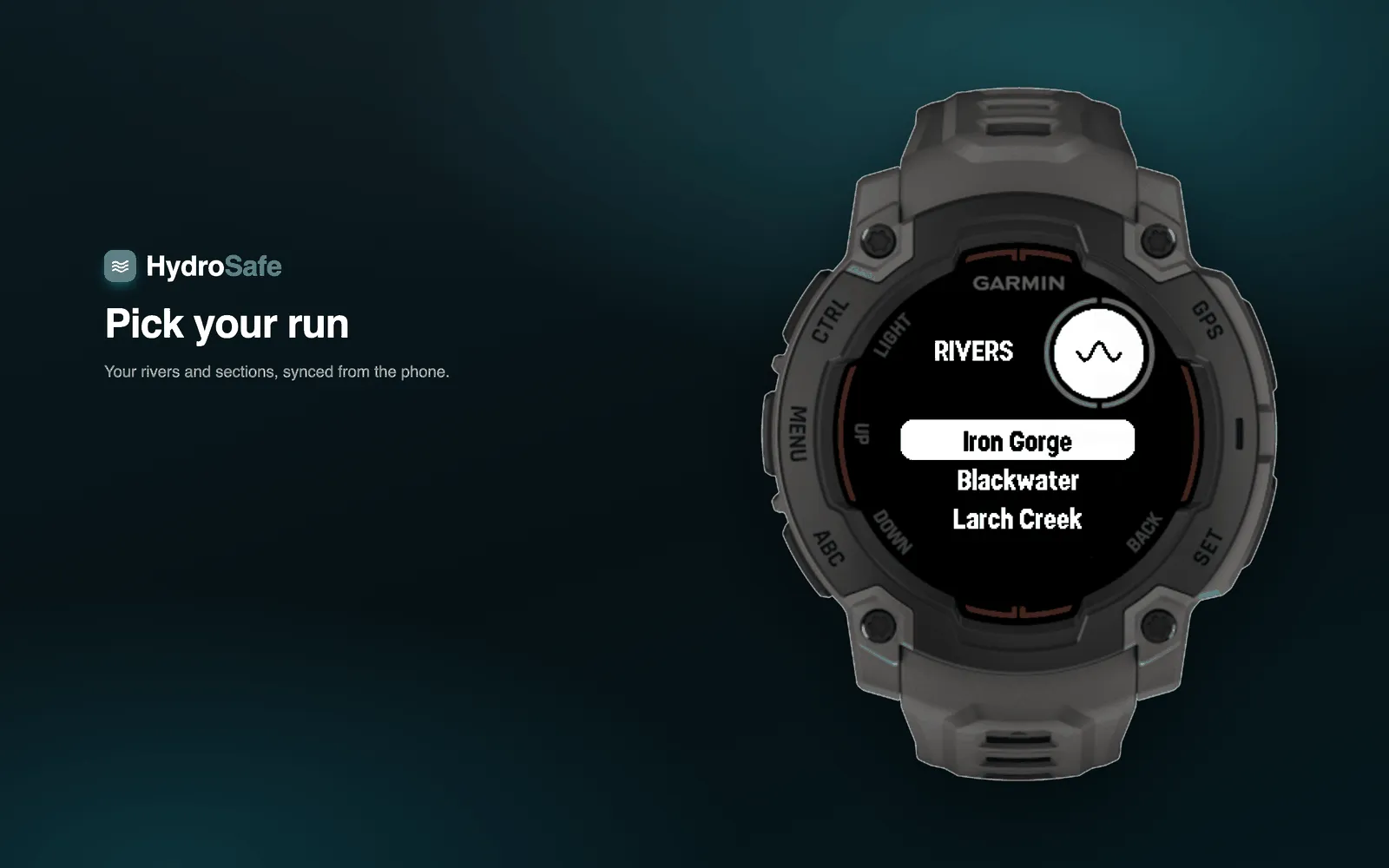 HydroSafe's river list on the Garmin Instinct E, showing the paddler's saved rivers and sections synced from the phone.