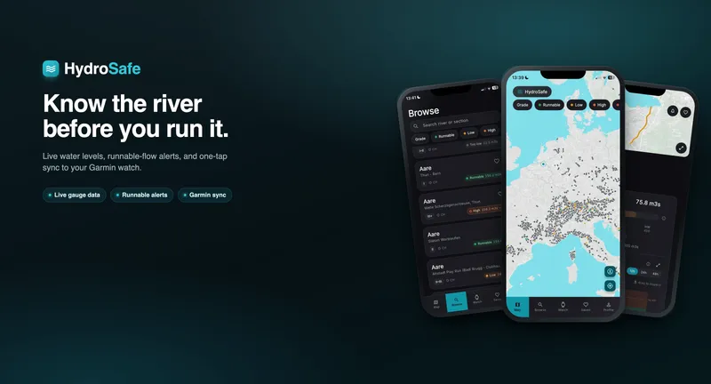 The HydroSafe app shown on three iPhones (the live river map, the browsable section list, and a section-level detail page) on a teal gradient.
