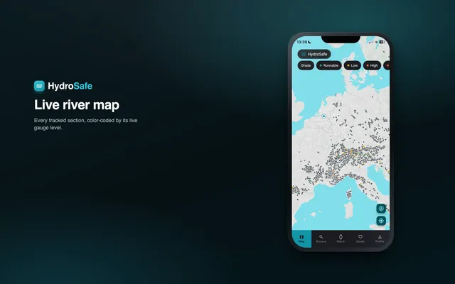 HydroSafe's map view showing whitewater river sections across Europe, color-coded by their live gauge level.
