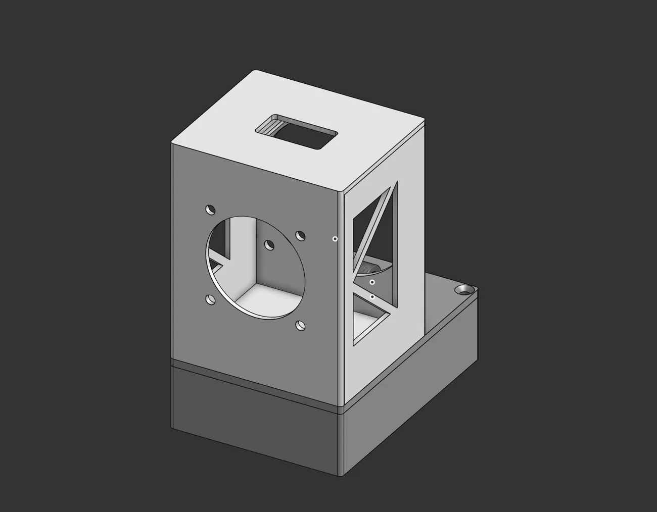 The two-part housing modelled in OnShape — the LED head with its fan cutout and side vents, sitting on the electronics base.