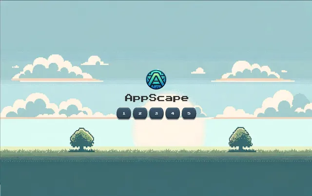 The level-select screen, showing five numbered level buttons under the AppScape logo against the same mountain and forest backdrop.