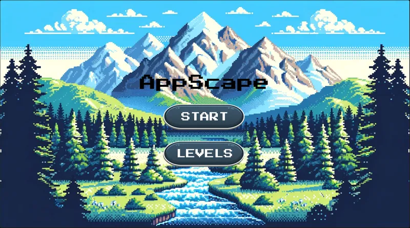 The pixel-art start screen for Appscape, showing a mountain valley with a river running through a pine forest with menu buttons.