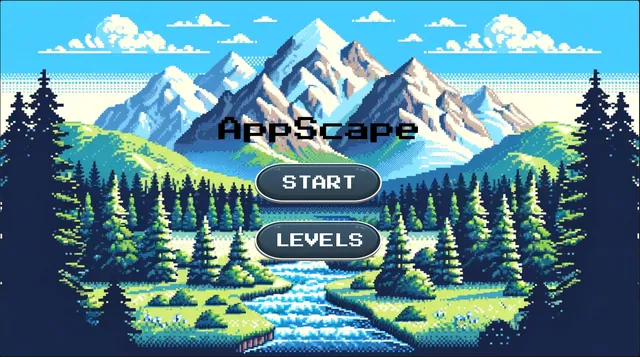 The pixel-art start screen for Appscape, showing a mountain valley with a river running through a pine forest with menu buttons.