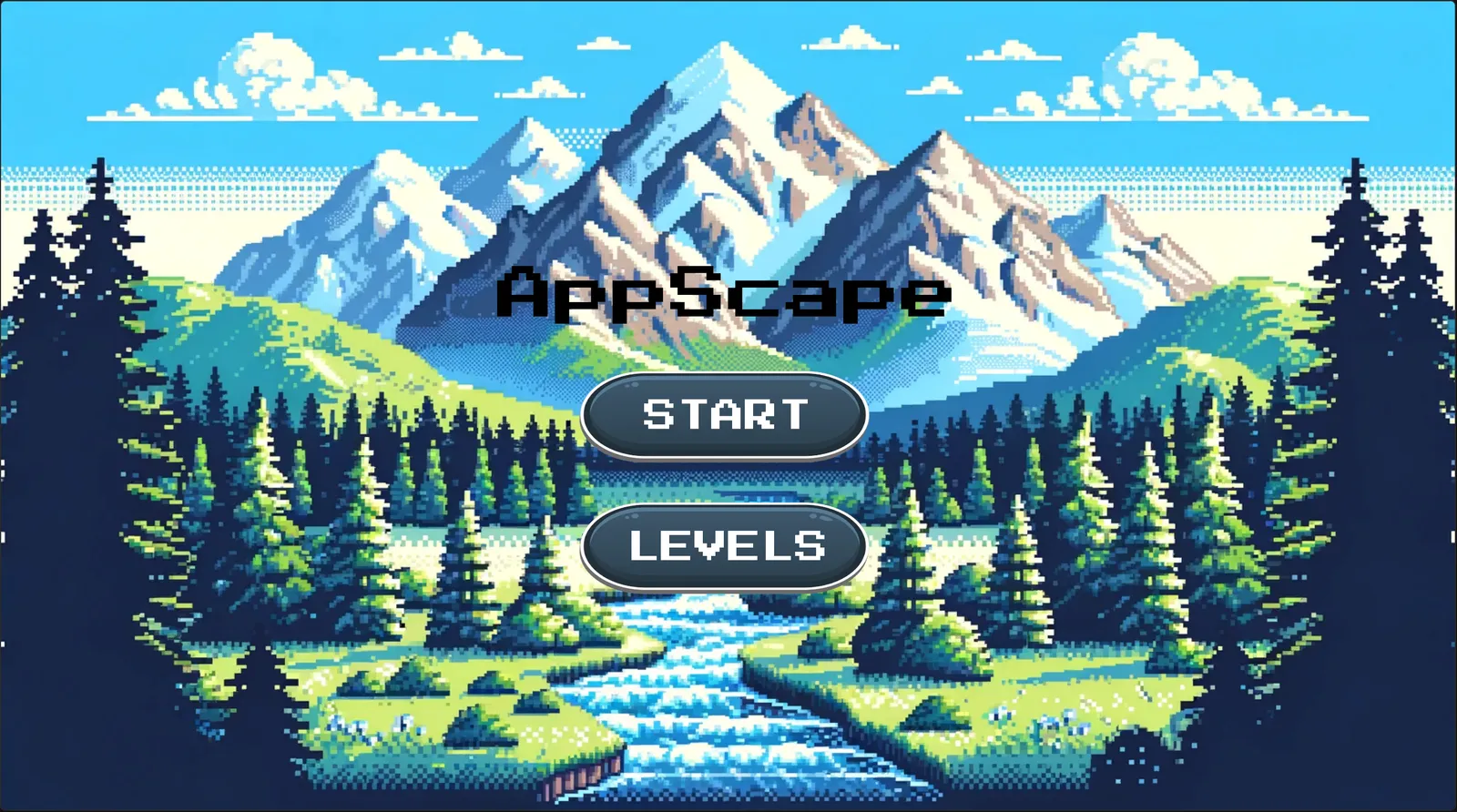 The pixel-art start screen for Appscape, showing a mountain valley with a river running through a pine forest with menu buttons.
