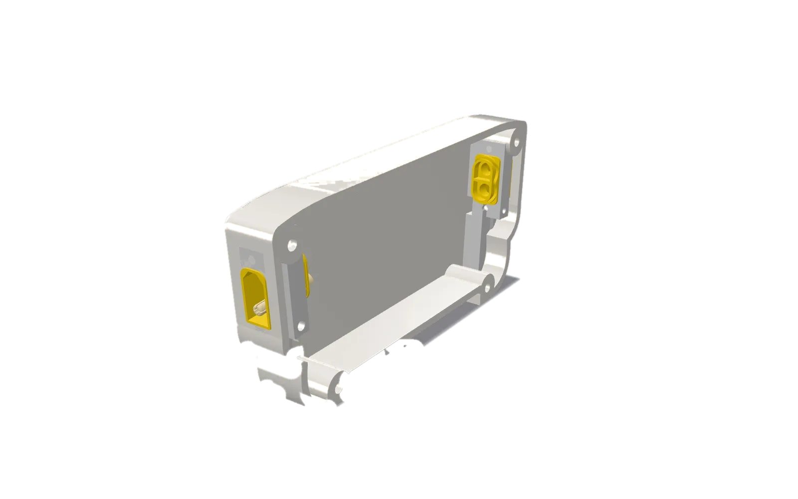 A rendered view of the later-added back plate, showing the internal mounts for the XT-60 ports used for the 24v circuit.
