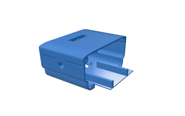 A rendered view of the full enclosure, showing the USB-port cutouts, cooling vents, button hole and display slot.