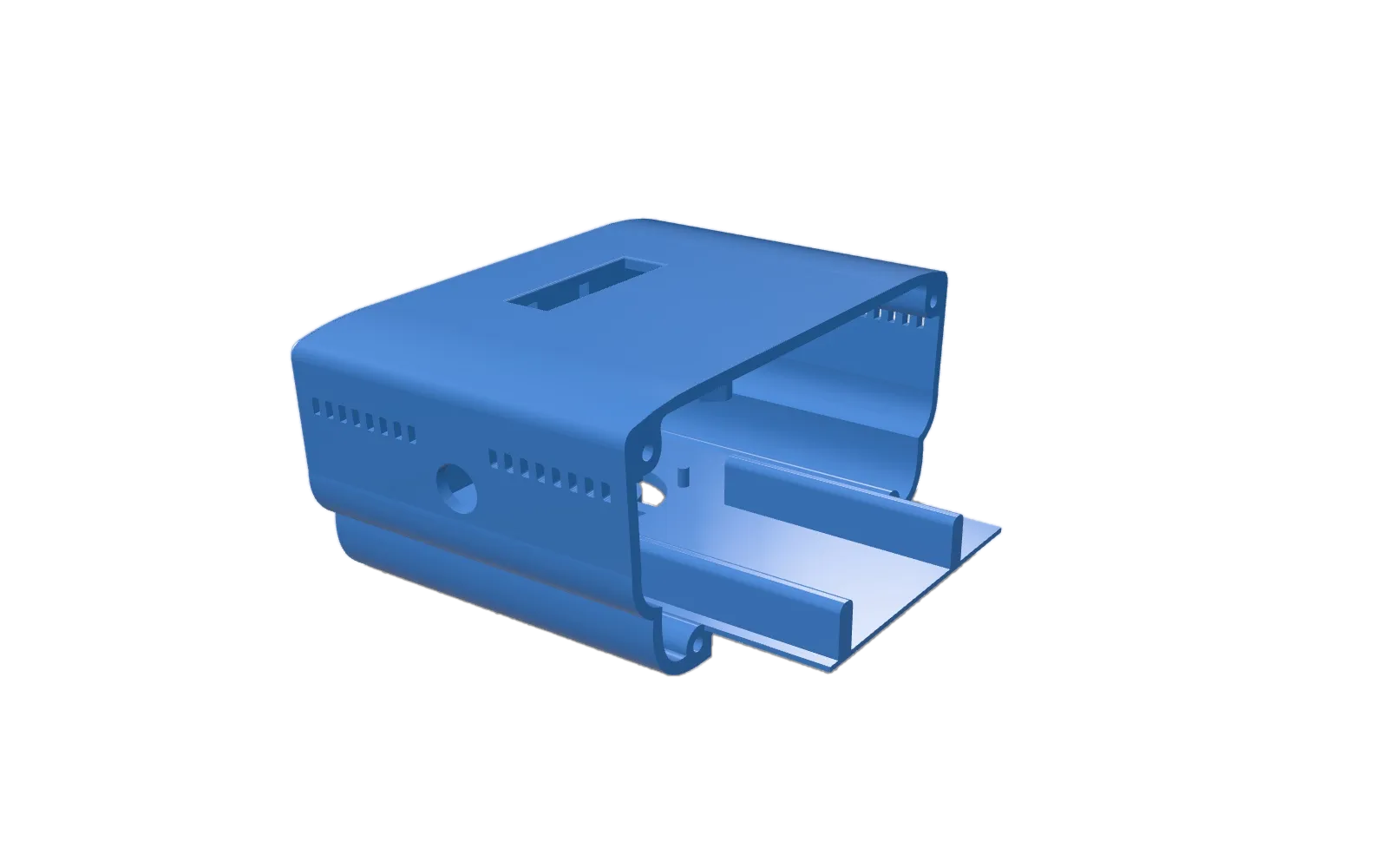 A rendered view of the full enclosure, showing the USB-port cutouts, cooling vents, button hole and display slot.
