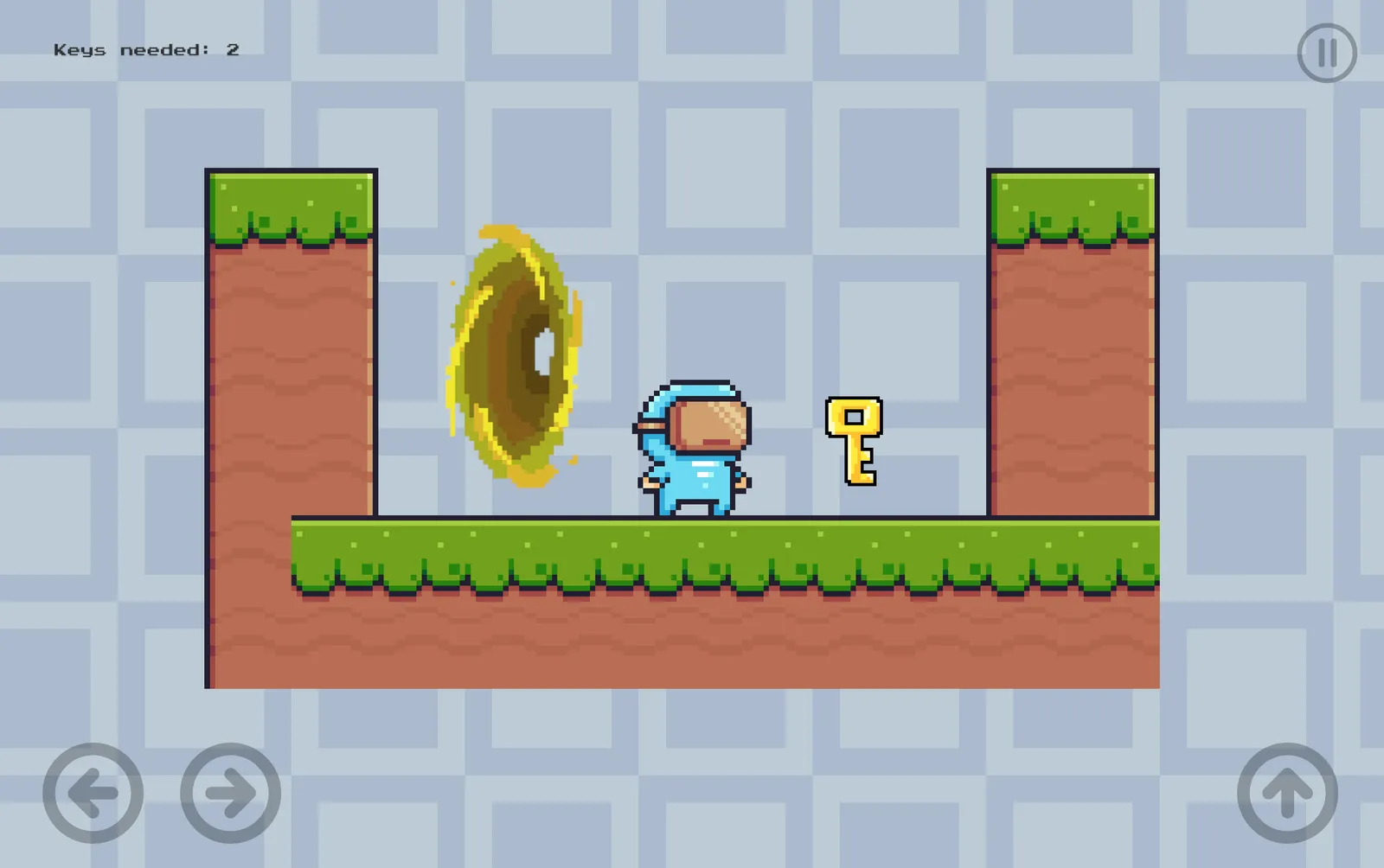 The player standing beside a glowing teleporter next to a key, with a "Keys needed: 2" counter and on-screen touch controls visible.