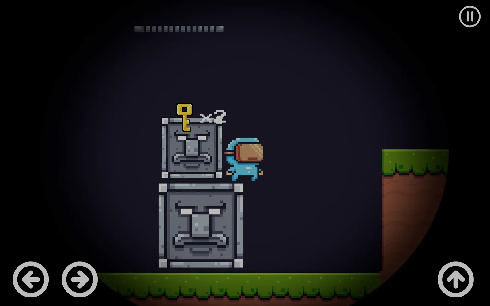 The player jumping between two stacked stone totem blocks to reach a key, with a progress bar and a keys counter reading "x2" overhead.